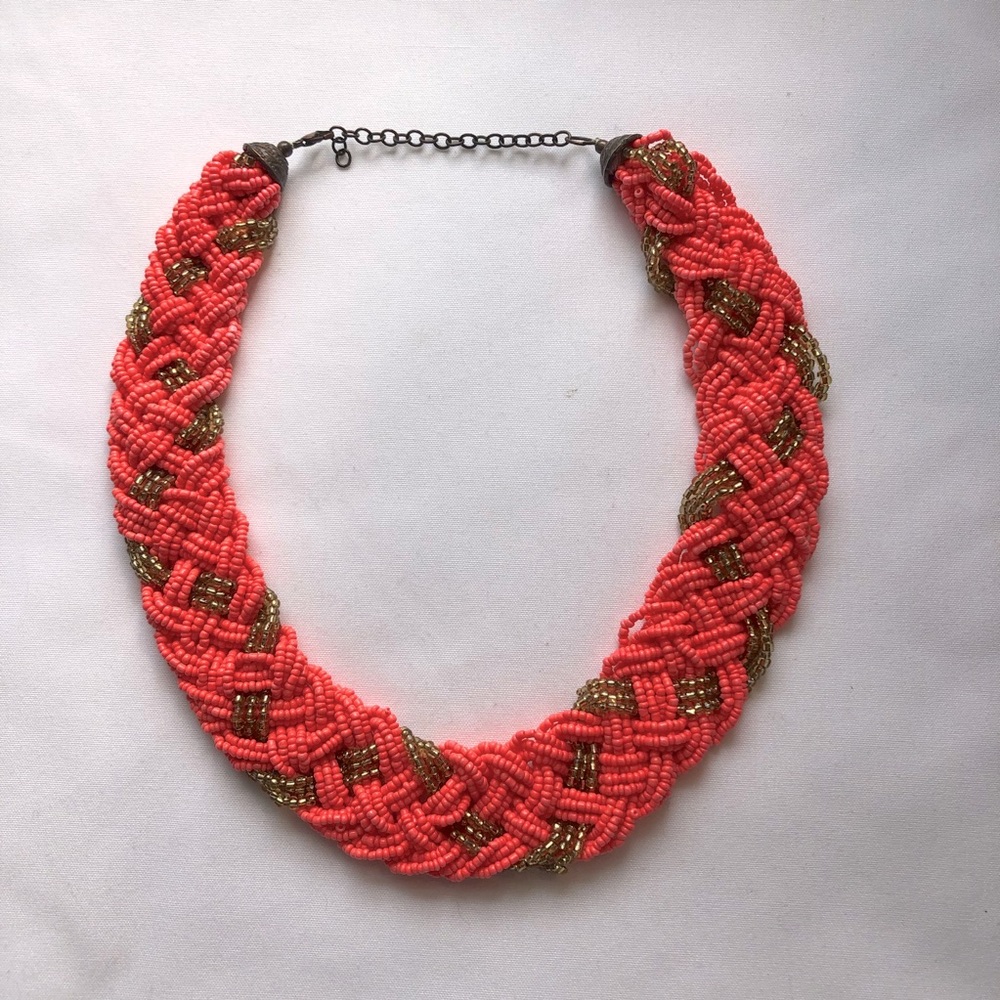 Coral and Gold Braided Beaded Nexklace